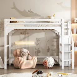 Lit mezzanine 140x200 cm - Lit avec sommier à lattes et penderie - Pin + MDF - Sans matelas - Blanc>Generique Best