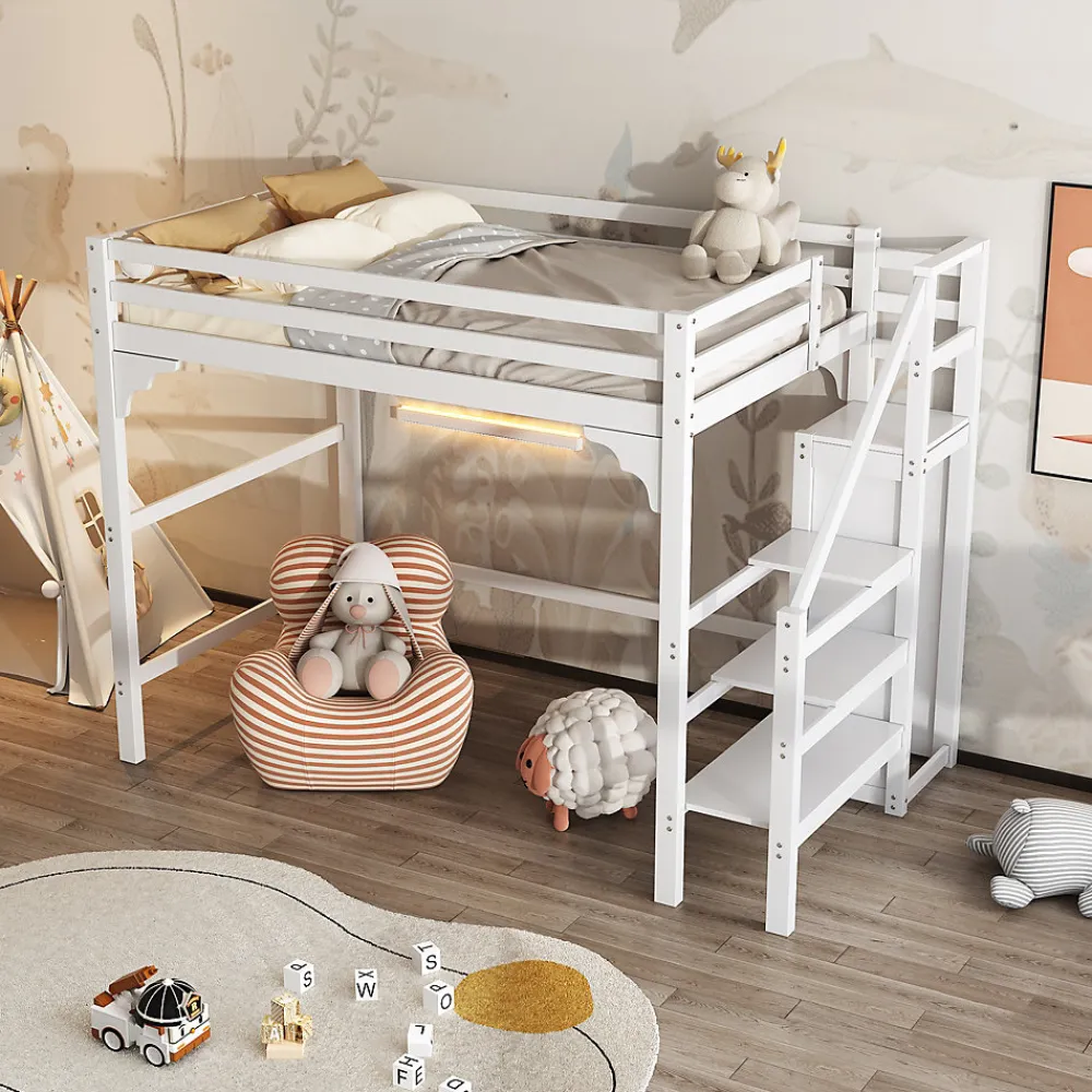 Lit mezzanine 140x200 cm - Lit avec sommier à lattes et penderie - Pin + MDF - Sans matelas - Blanc>Generique Best