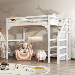 Lit mezzanine 140x200 cm - Lit avec sommier à lattes et penderie - Pin + MDF - Sans matelas - Blanc><noscript><img width=
