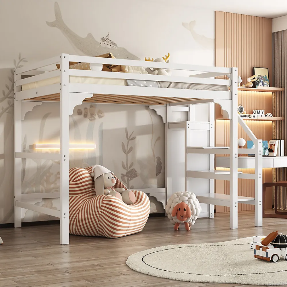 Lit mezzanine 140x200 cm - Lit avec sommier à lattes et penderie - Pin + MDF - Sans matelas - Blanc>Generique Best