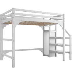 Lit mezzanine 140x200 cm - Lit avec sommier à lattes et penderie - Pin + MDF - Sans matelas - Blanc><noscript><img width=
