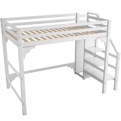 Lit mezzanine 140x200 cm - Lit avec sommier à lattes et penderie - Pin + MDF - Sans matelas - Blanc><noscript><img width=