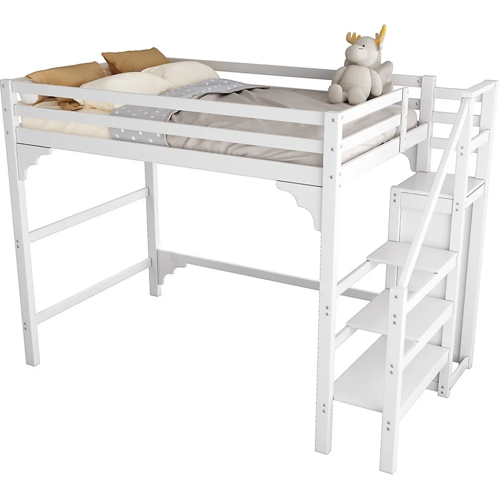 Lit mezzanine 140x200 cm - Lit avec sommier à lattes et penderie - Pin + MDF - Sans matelas - Blanc>Generique Best