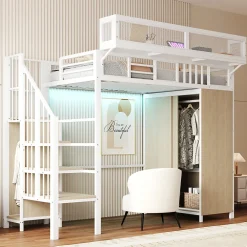 Lit Mezzanine 90x200 cm - Lit Ado avec Armoire et Éclairage LED, Garde-Corps en Filet - Sans Matelas - Métal et MDF - Blanc>Okwish Online