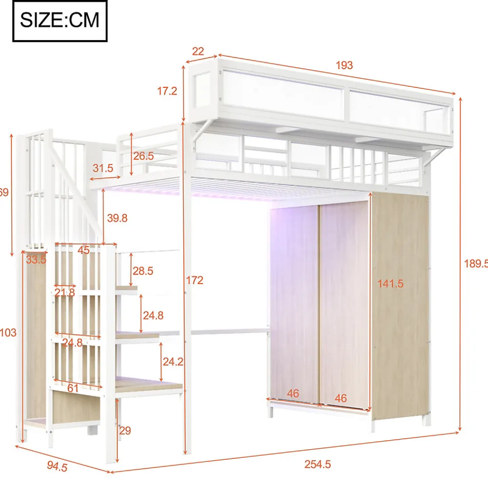 Lit Mezzanine 90x200 cm - Lit Ado avec Armoire et Éclairage LED, Garde-Corps en Filet - Sans Matelas - Métal et MDF - Blanc>Okwish Online