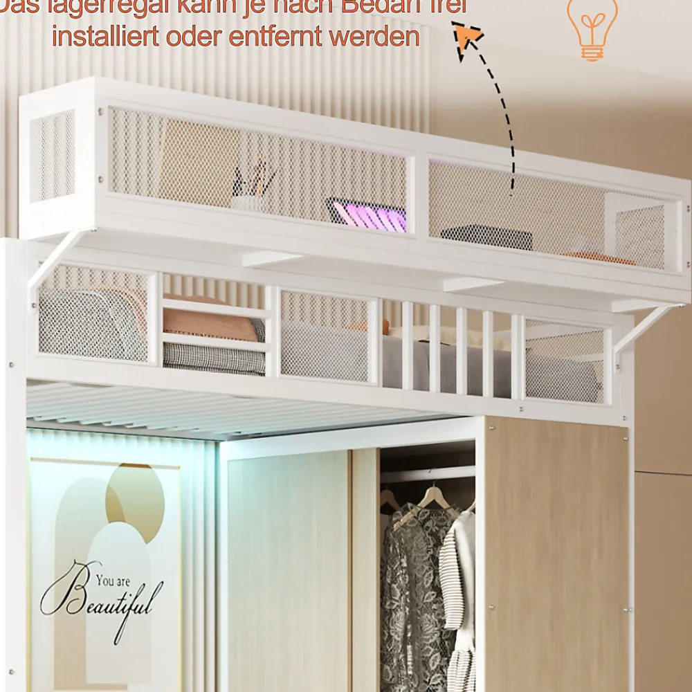 Lit Mezzanine 90x200 cm - Lit Ado avec Armoire et Éclairage LED, Garde-Corps en Filet - Sans Matelas - Métal et MDF - Blanc>Okwish Online