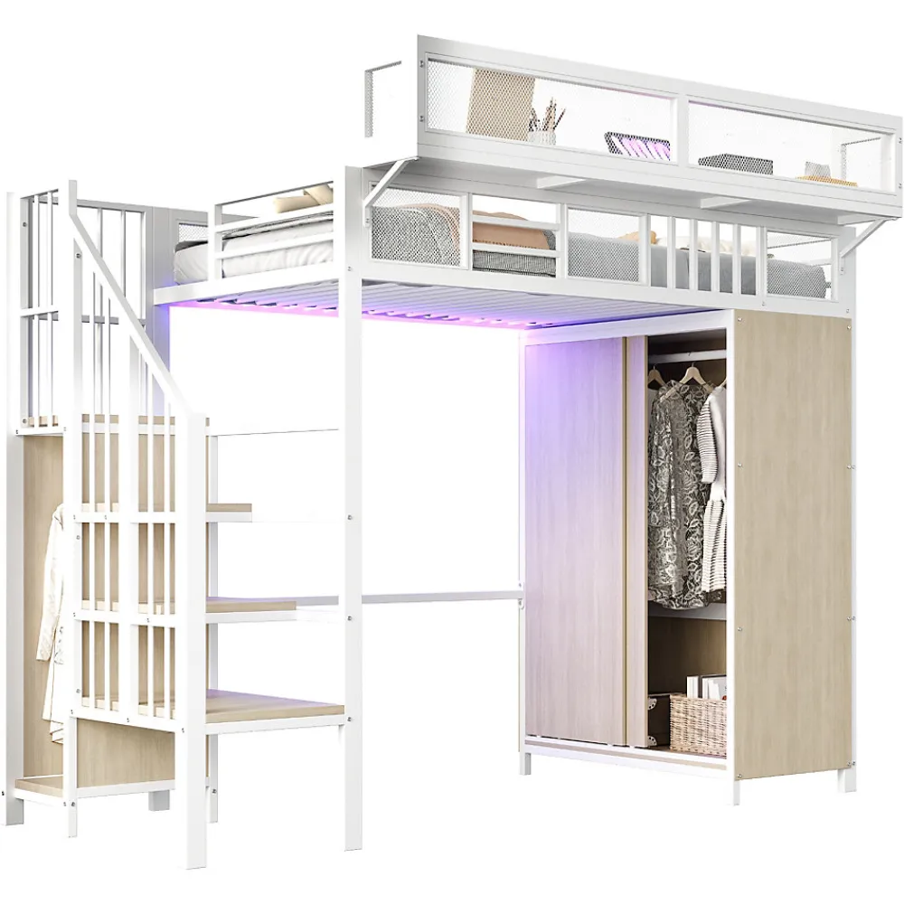 Lit Mezzanine 90x200 cm - Lit Ado avec Armoire et Éclairage LED, Garde-Corps en Filet - Sans Matelas - Métal et MDF - Blanc>Okwish Online