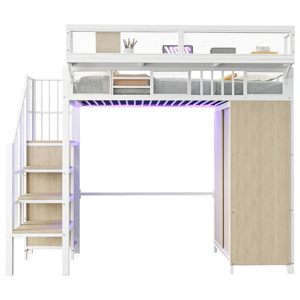 Lit Mezzanine 90x200 cm - Lit Ado avec Armoire et Éclairage LED, Garde-Corps en Filet - Sans Matelas - Métal et MDF - Blanc>Okwish Online