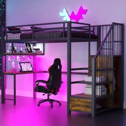 Lit Mezzanine 90x200 cm - Lit Ado avec Bureau et Armoire Intégrés, LED et Prise USB - Sans Matelas - Métal et MDF - Noir>Okwish Discount