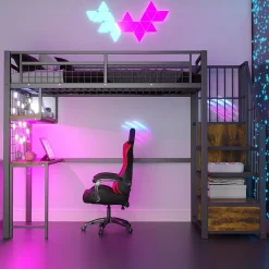 Lit Mezzanine 90x200 cm - Lit Ado avec Bureau et Armoire Intégrés, LED et Prise USB - Sans Matelas - Métal et MDF - Noir><noscript><img width=