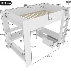 Okwish Lit mezzanine 140x200 cm - Lit avec bureau intégré et LED 16 s - Pin et MDF - Sans matelas - Blanc* Lit Mezzanine