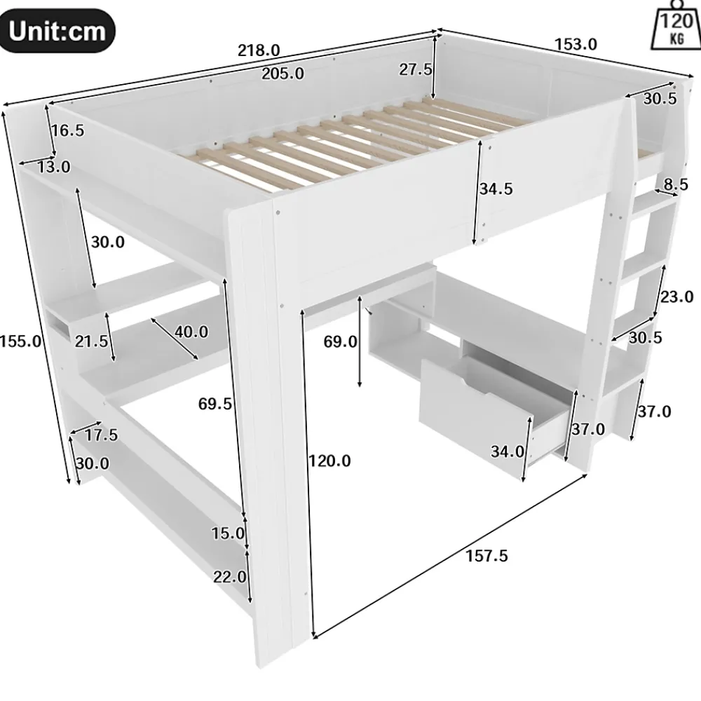 Okwish Lit mezzanine 140x200 cm - Lit avec bureau intégré et LED 16 s - Pin et MDF - Sans matelas - Blanc* Lit Mezzanine