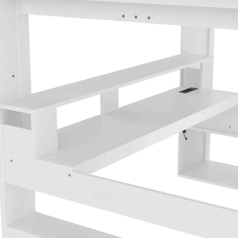 Okwish Lit mezzanine 140x200 cm - Lit avec bureau intégré et LED 16 s - Pin et MDF - Sans matelas - Blanc* Lit Mezzanine