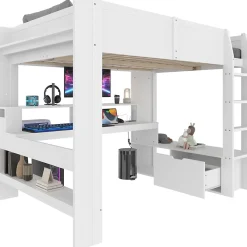 Okwish Lit mezzanine 140x200 cm - Lit avec bureau intégré et LED 16 s - Pin et MDF - Sans matelas - Blanc* Lit Mezzanine