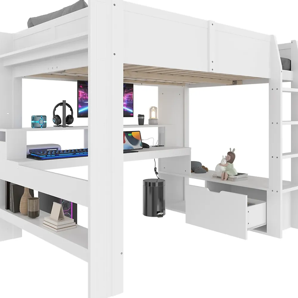 Okwish Lit mezzanine 140x200 cm - Lit avec bureau intégré et LED 16 s - Pin et MDF - Sans matelas - Blanc* Lit Mezzanine