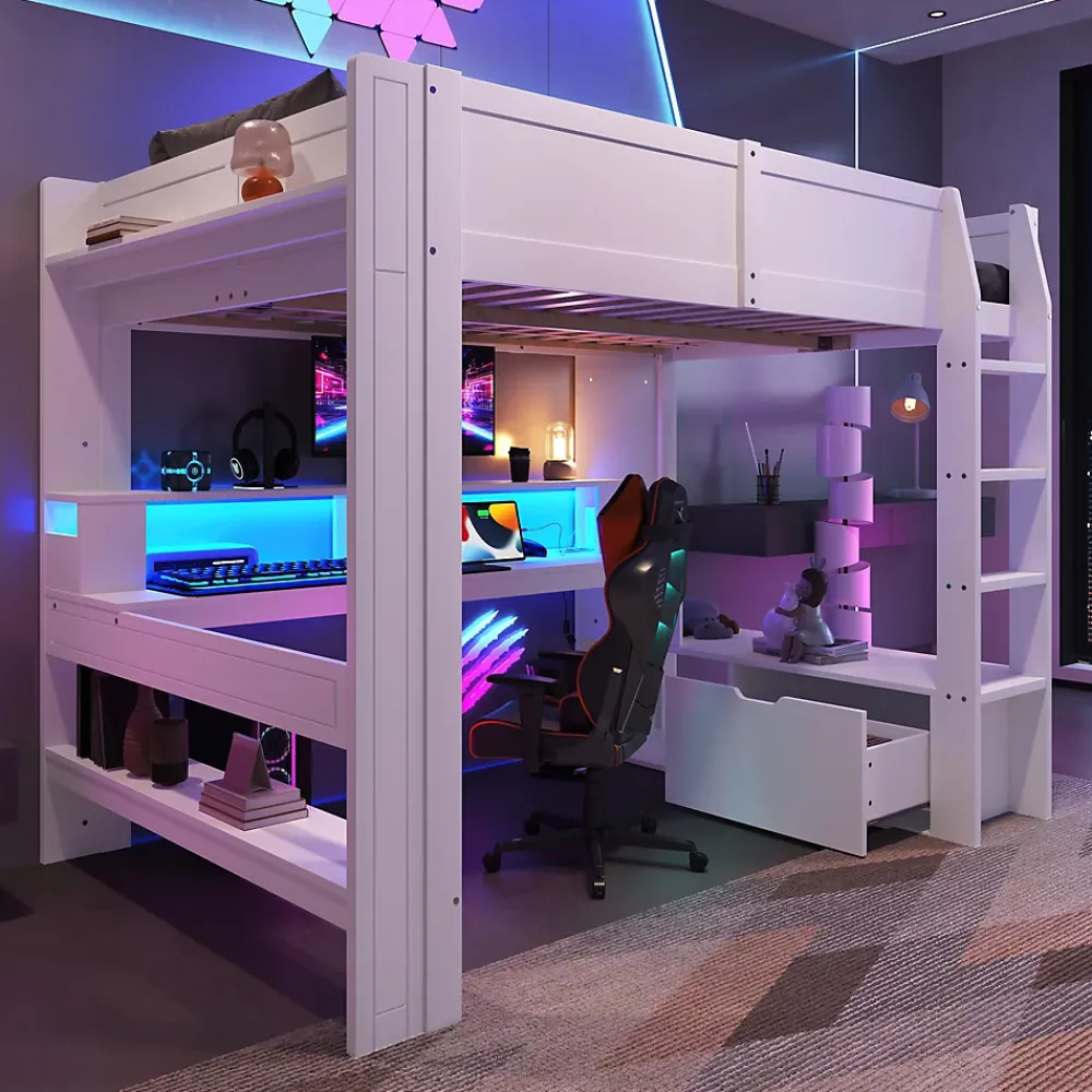 Okwish Lit mezzanine 140x200 cm - Lit avec bureau intégré et LED 16 s - Pin et MDF - Sans matelas - Blanc* Lit Mezzanine