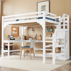 Lit Mezzanine 140x200 cm - Lit Combiné avec Bureau et Armoire ouverte, Lit Junior en Bois, Sans Matelas - Blanc>Okwish Discount