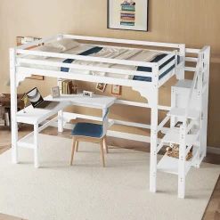 Lit Mezzanine 140x200 cm - Lit Combiné avec Bureau et Armoire ouverte, Lit Junior en Bois, Sans Matelas - Blanc>Okwish Discount
