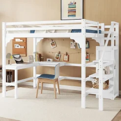 Lit Mezzanine 140x200 cm - Lit Combiné avec Bureau et Armoire ouverte, Lit Junior en Bois, Sans Matelas - Blanc><noscript><img width=