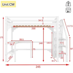 Lit Mezzanine 140x200 cm - Lit Combiné avec Bureau et Armoire ouverte, Lit Junior en Bois, Sans Matelas - Blanc><noscript><img width=