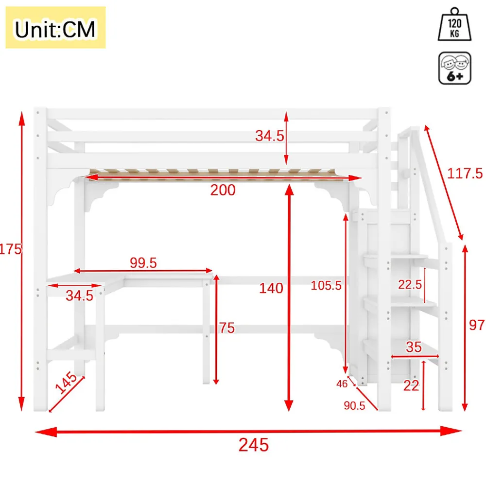 Lit Mezzanine 140x200 cm - Lit Combiné avec Bureau et Armoire ouverte, Lit Junior en Bois, Sans Matelas - Blanc>Okwish Discount