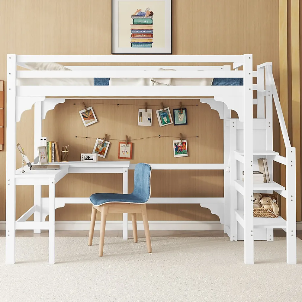 Lit Mezzanine 140x200 cm - Lit Combiné avec Bureau et Armoire ouverte, Lit Junior en Bois, Sans Matelas - Blanc>Okwish Discount