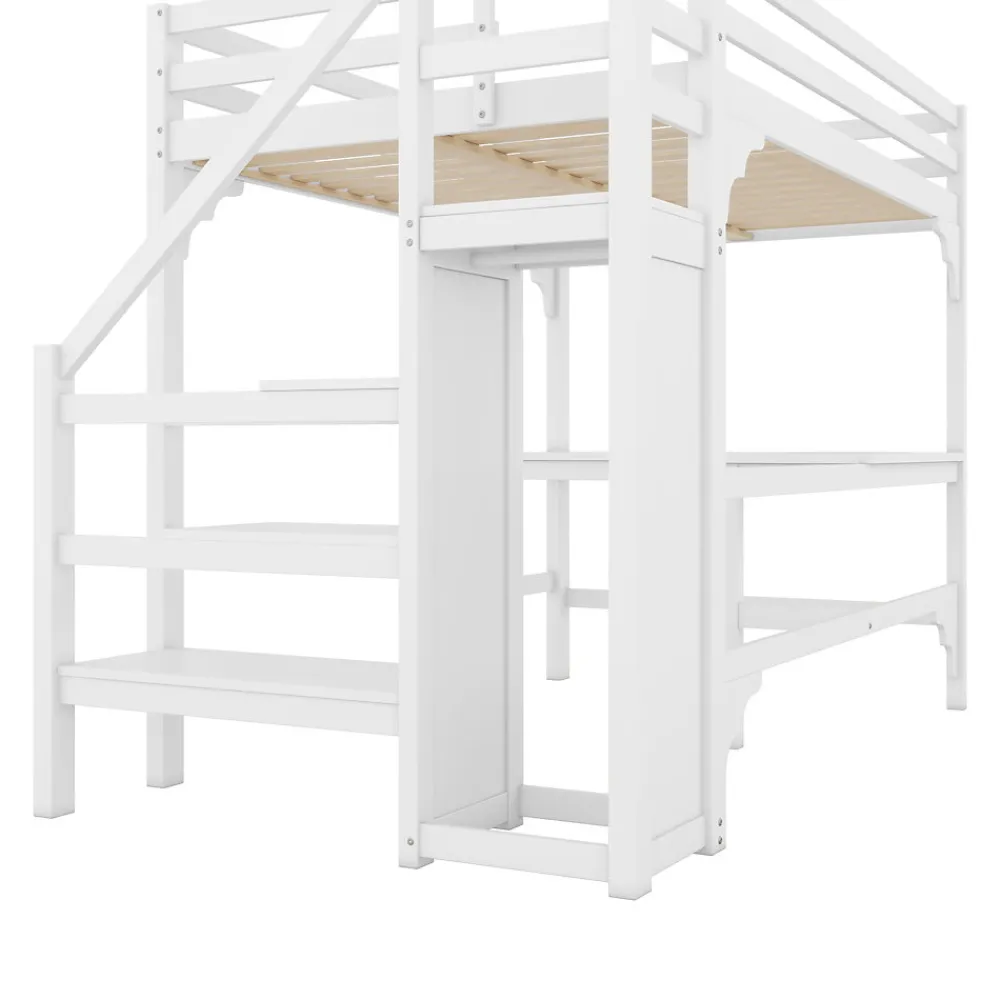 Lit Mezzanine 140x200 cm - Lit Combiné avec Bureau et Armoire ouverte, Lit Junior en Bois, Sans Matelas - Blanc>Okwish Discount
