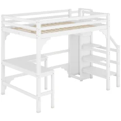 Lit Mezzanine 140x200 cm - Lit Combiné avec Bureau et Armoire ouverte, Lit Junior en Bois, Sans Matelas - Blanc><noscript><img width=