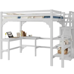 Lit Mezzanine 140x200 cm - Lit Combiné avec Bureau et Armoire ouverte, Lit Junior en Bois, Sans Matelas - Blanc><noscript><img width=