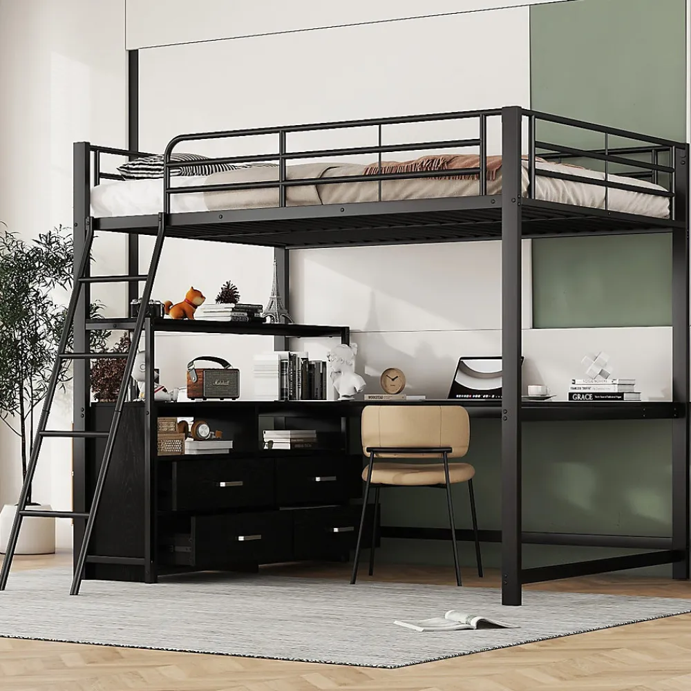 Lit Mezzanine 140x200 cm - Lit Double avec Bureau en L et Rangements Intégrés - Métal + MDF - Sans Matelas - Noir>Generique Outlet