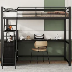 Lit Mezzanine 140x200 cm - Lit Double avec Bureau en L et Rangements Intégrés - Métal + MDF - Sans Matelas - Noir><noscript><img width=