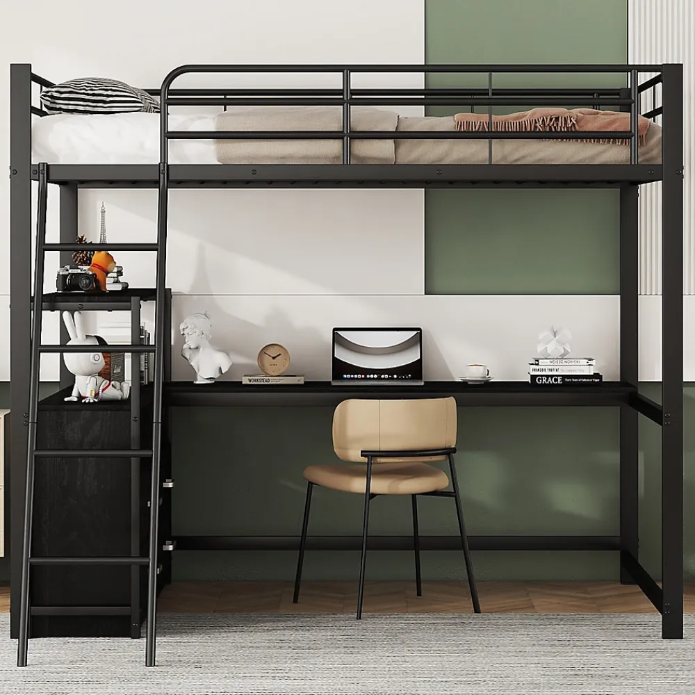 Lit Mezzanine 140x200 cm - Lit Double avec Bureau en L et Rangements Intégrés - Métal + MDF - Sans Matelas - Noir>Generique Outlet