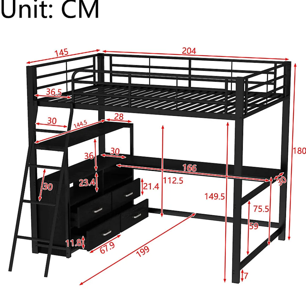 Lit Mezzanine 140x200 cm - Lit Double avec Bureau en L et Rangements Intégrés - Métal + MDF - Sans Matelas - Noir>Generique Outlet