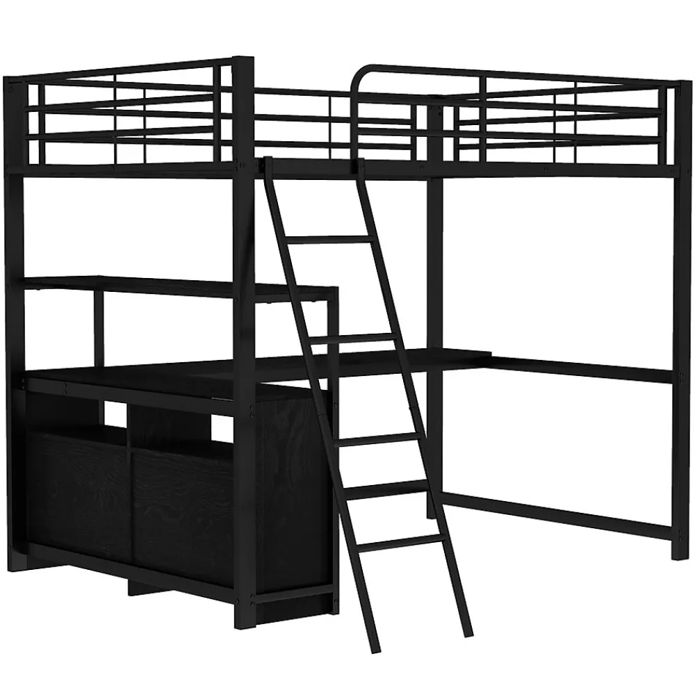 Lit Mezzanine 140x200 cm - Lit Double avec Bureau en L et Rangements Intégrés - Métal + MDF - Sans Matelas - Noir>Generique Outlet