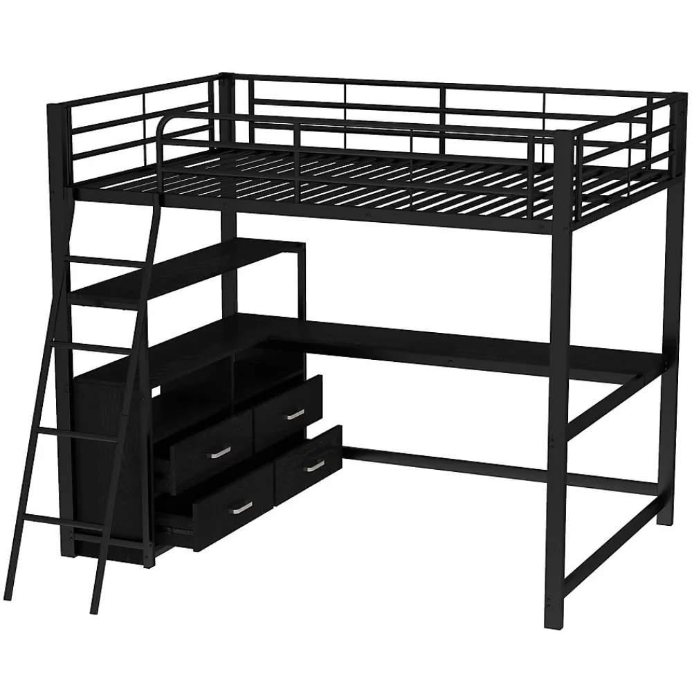 Lit Mezzanine 140x200 cm - Lit Double avec Bureau en L et Rangements Intégrés - Métal + MDF - Sans Matelas - Noir>Generique Outlet
