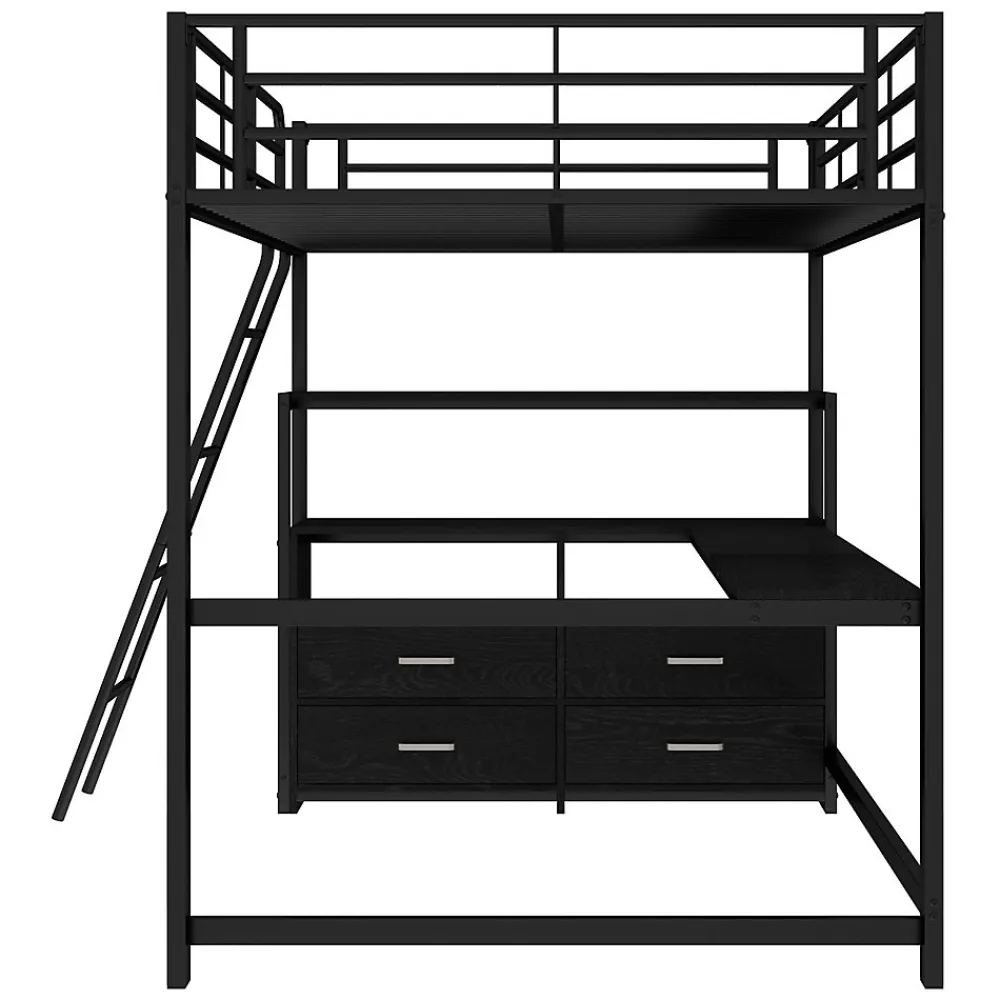 Lit Mezzanine 140x200 cm - Lit Double avec Bureau en L et Rangements Intégrés - Métal + MDF - Sans Matelas - Noir>Generique Outlet