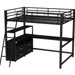 Lit Mezzanine 140x200 cm - Lit Double avec Bureau en L et Rangements Intégrés - Métal + MDF - Sans Matelas - Noir><noscript><img width=