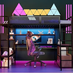 Okwish Lit Mezzanine 140x200 cm - Lit Double avec LED Intégrée et Bureau, Garde-Corps Sécurisé, sans Matelas - Métal Noir* Lit Mezzanine