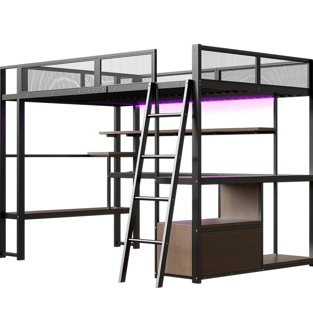 Okwish Lit Mezzanine 140x200 cm - Lit Double avec LED Intégrée et Bureau, Garde-Corps Sécurisé, sans Matelas - Métal Noir* Lit Mezzanine