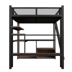 Okwish Lit Mezzanine 140x200 cm - Lit Double avec LED Intégrée et Bureau, Garde-Corps Sécurisé, sans Matelas - Métal Noir* Lit Mezzanine