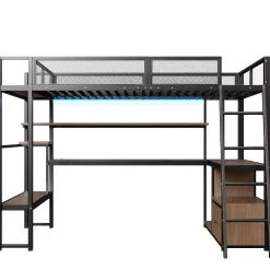 Okwish Lit Mezzanine 140x200 cm - Lit Double avec LED Intégrée et Bureau, Garde-Corps Sécurisé, sans Matelas - Métal Noir* Lit Mezzanine