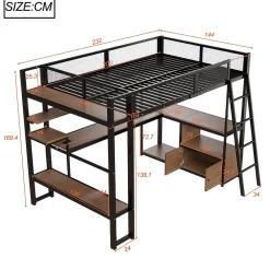 Okwish Lit Mezzanine 140x200 cm - Lit Double avec LED Intégrée et Bureau, Garde-Corps Sécurisé, sans Matelas - Métal Noir* Lit Mezzanine