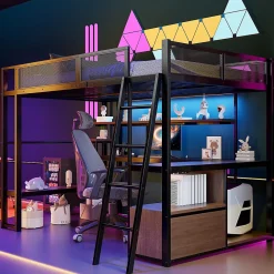 Okwish Lit Mezzanine 140x200 cm - Lit Double avec LED Intégrée et Bureau, Garde-Corps Sécurisé, sans Matelas - Métal Noir* Lit Mezzanine