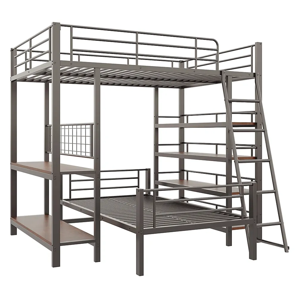 Okwish Lit mezzanine 140x200 cm - Lit double avec rangement multifonction, structure métal et MDF avec étagères - Sans matelas - Noir* Lit Mezzanine