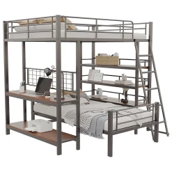 Okwish Lit mezzanine 140x200 cm - Lit double avec rangement multifonction, structure métal et MDF avec étagères - Sans matelas - Noir* Lit Mezzanine