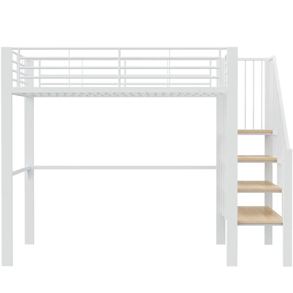 Okwish Lit mezzanine 140x200 cm - Lit double avec rangement et escalier, structure métallique robuste - Blanc - Sans matelas* Lit Mezzanine