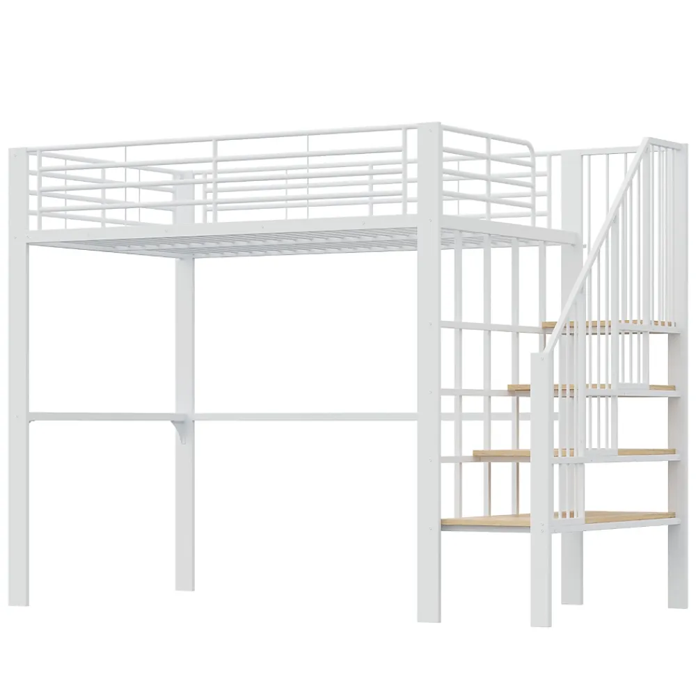 Okwish Lit mezzanine 140x200 cm - Lit double avec rangement et escalier, structure métallique robuste - Blanc - Sans matelas* Lit Mezzanine