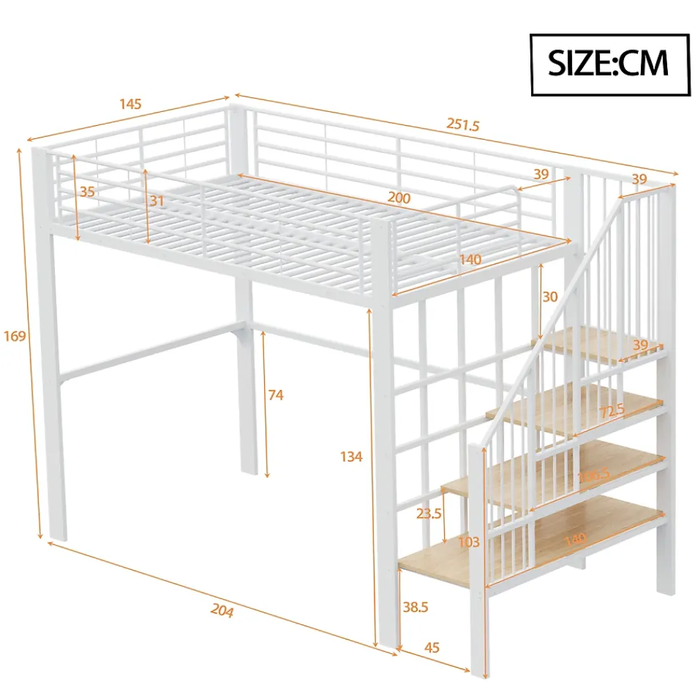 Okwish Lit mezzanine 140x200 cm - Lit double avec rangement et escalier, structure métallique robuste - Blanc - Sans matelas* Lit Mezzanine