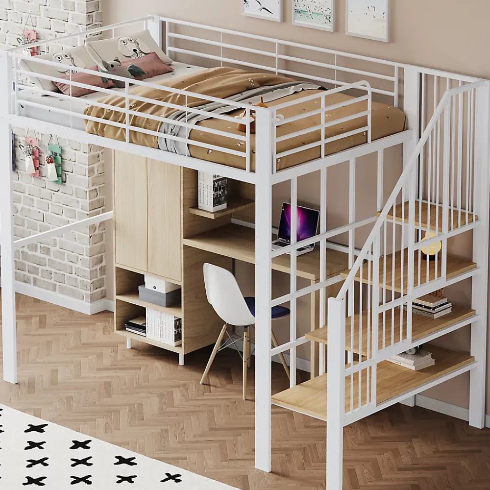 Okwish Lit mezzanine 140x200 cm - Lit double avec rangement et escalier, structure métallique robuste - Blanc - Sans matelas* Lit Mezzanine