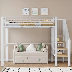 Okwish Lit mezzanine 140x200 cm - Lit double avec rangement et escalier, structure métallique robuste - Blanc - Sans matelas* Lit Mezzanine
